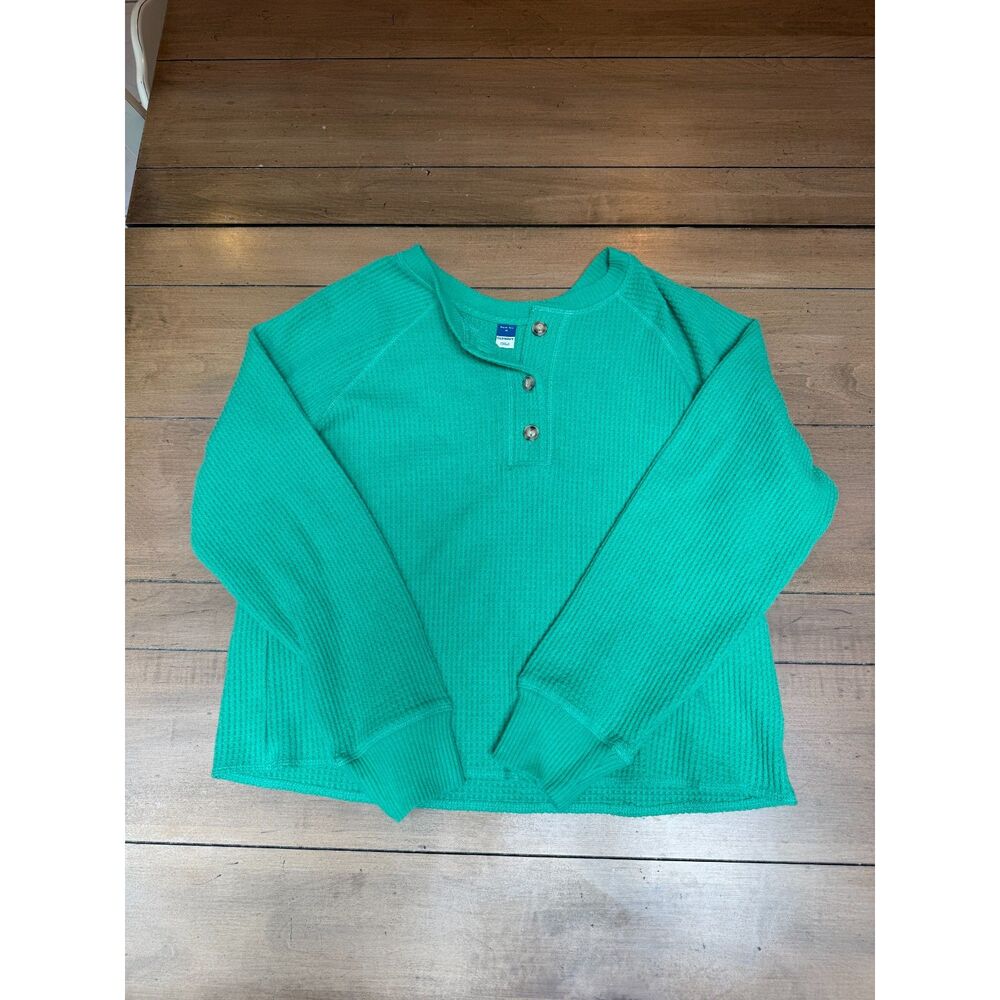 Old Navy Plush Tee Green Waffle Knit Henley Long Sleeve Top Medium